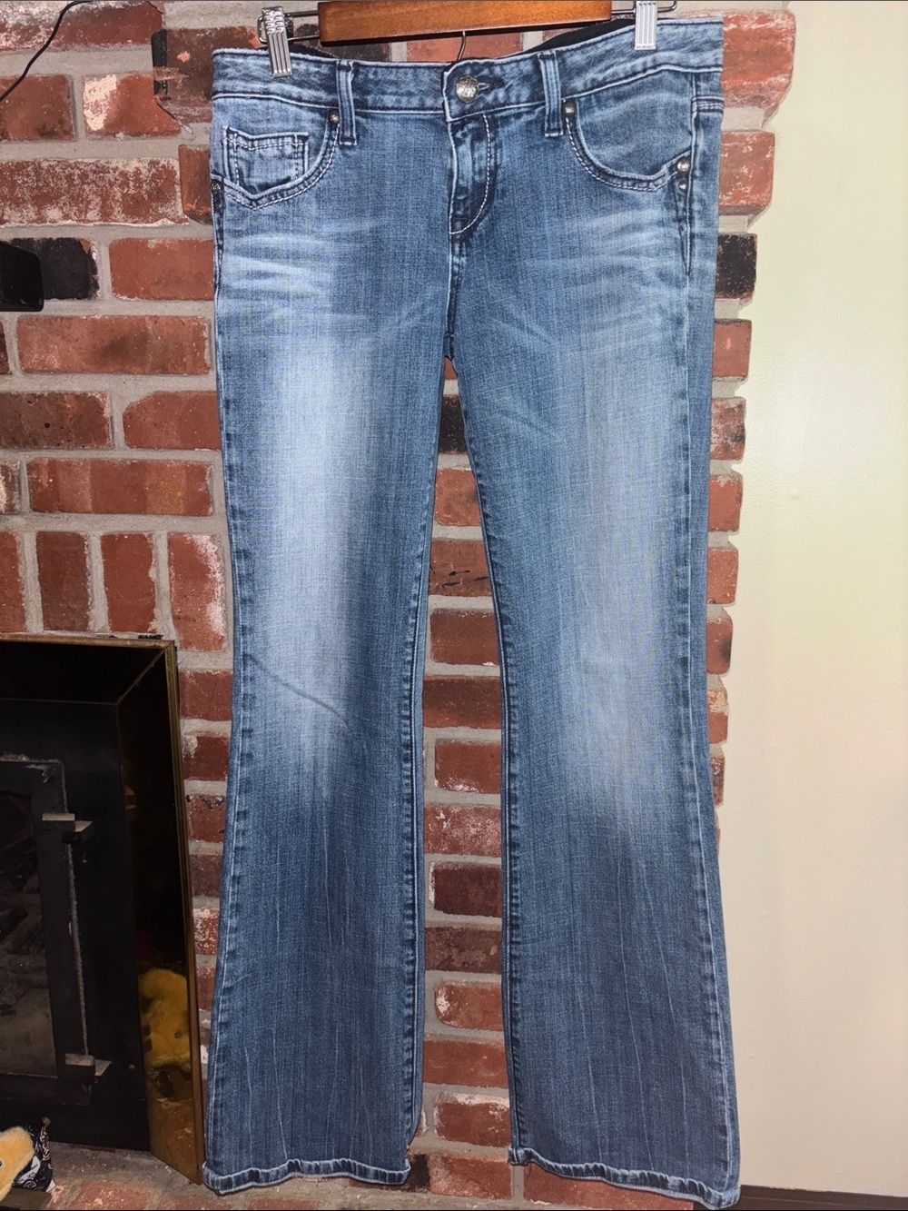 Y2K REROCK Light Blue Embroidered Back-Pocket White Stitching Flare Jeans Sz 8L
